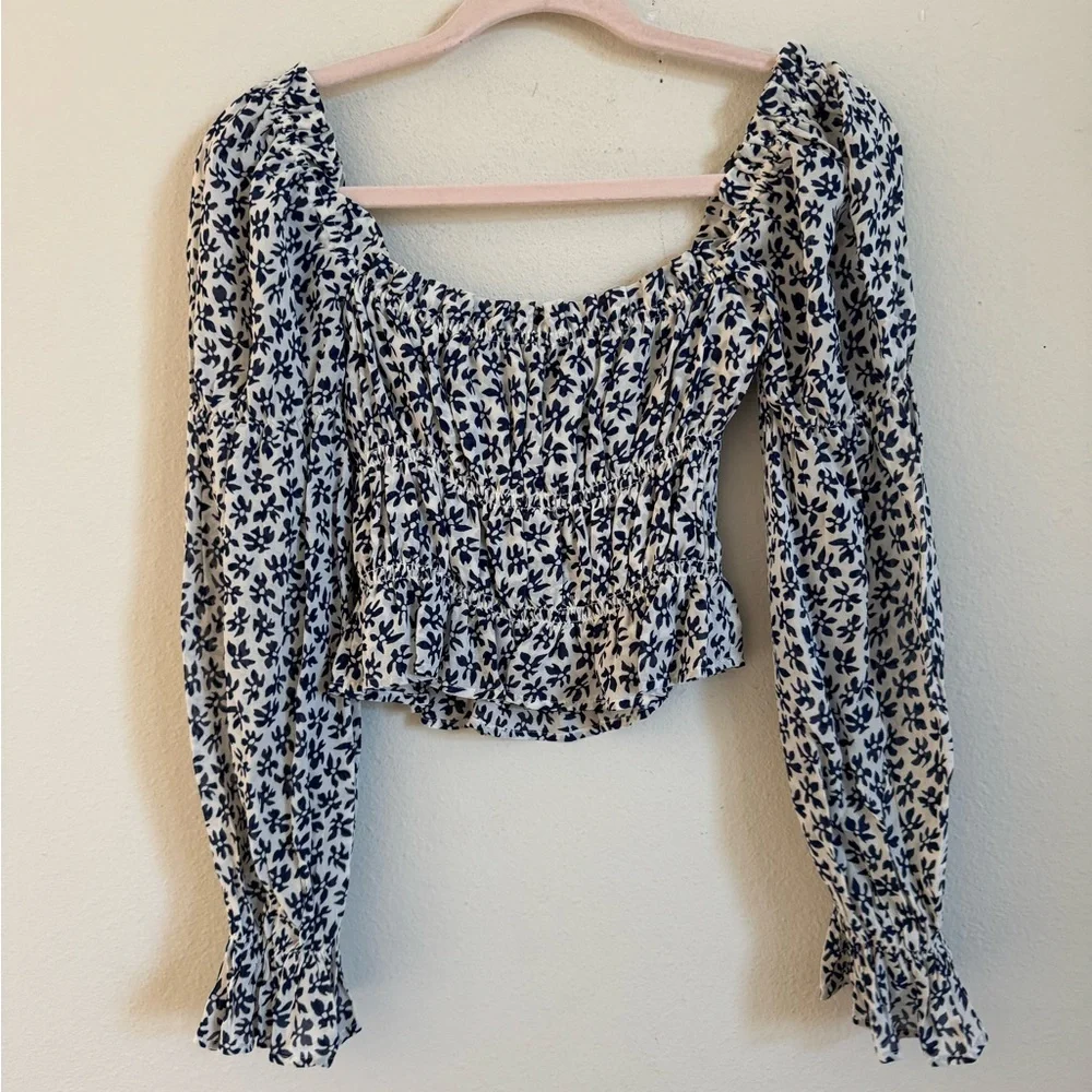 Reformation Milkmaid Peasant Navy and White Floral Puff Sleeve Blouse Top XS
